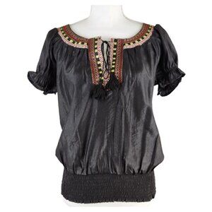 embroidered peasant boho blouse / shiny black tassel tie top – women’s S